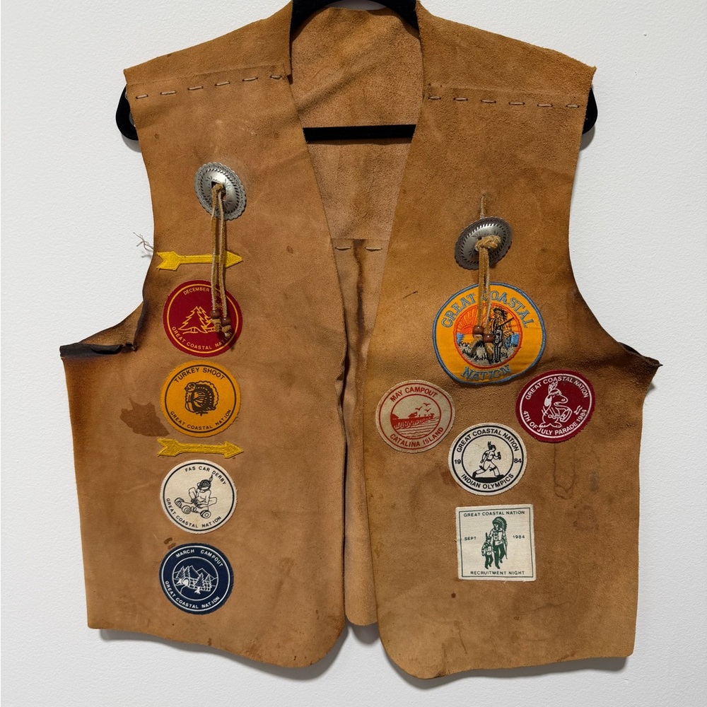 Vintage Brown Leather Vest with Patches